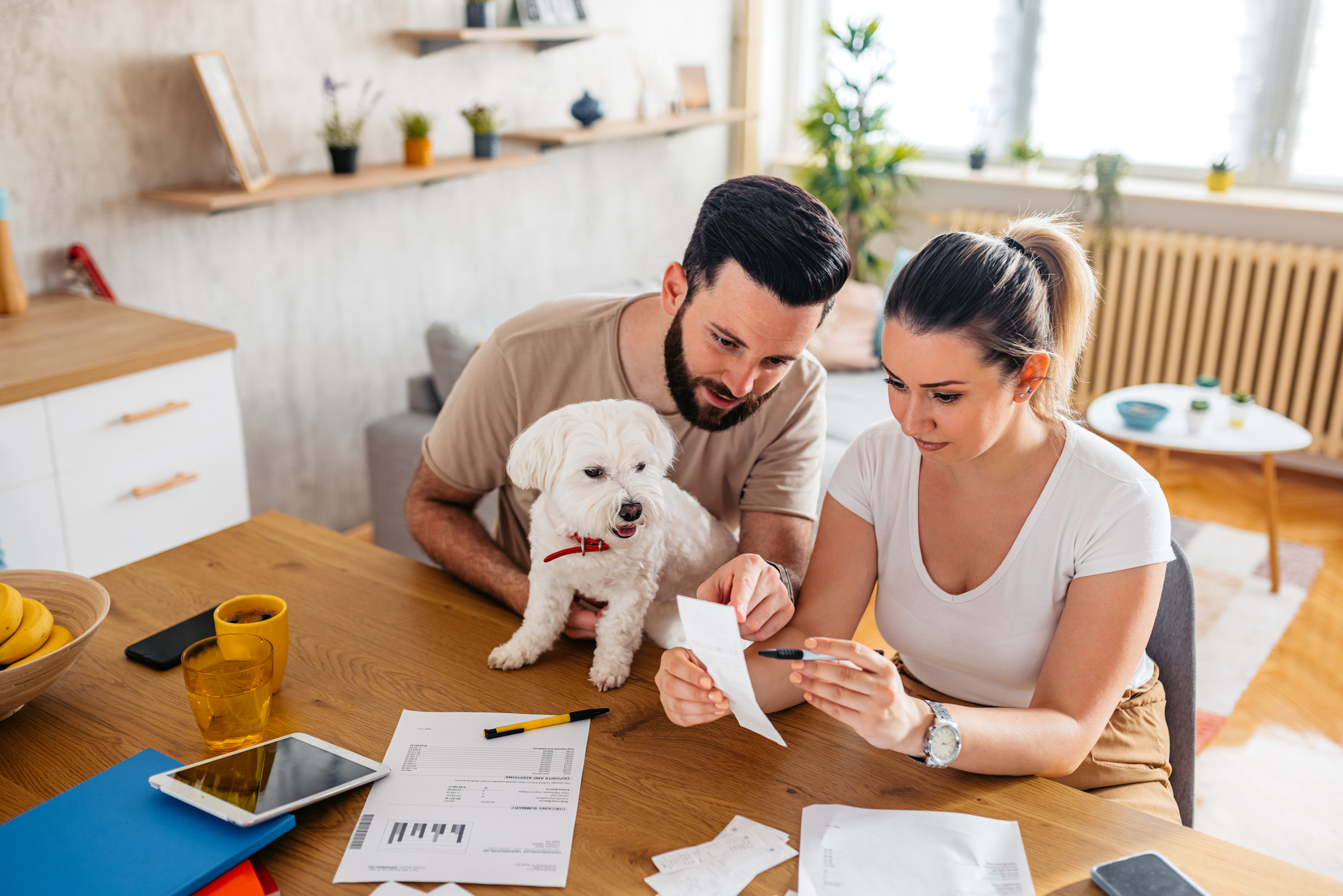 couple with a dog checking their bills